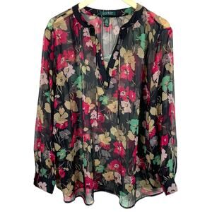 LAUREN Womens Blouse 3X Sheer Black Color Floral Tie Neck Long Sleeve